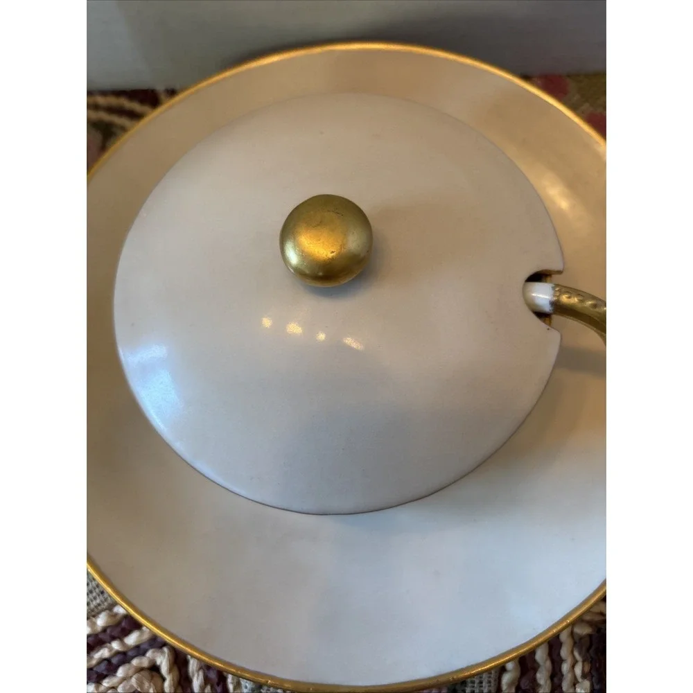 Antique Porcelain Covered Cream Soup Bowl Fruit Attached Under Plate Ladle‎ Gilt